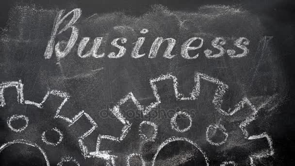 A escrita de quadro-negro com giz e o conceito de negócios e finanças, o texto "Negócios", e animação rotação das duas engrenagens de desenho silhueta giz . — Vídeo de Stock