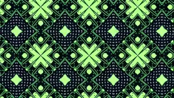 Kalejdoskop mönster 3d render. Sömlös gul bakgrund. Mandala geometrisk graphic print. Psykedeliska designelement för tapet, scrapbooking, tyg. PC moderkort mönster. — Stockvideo