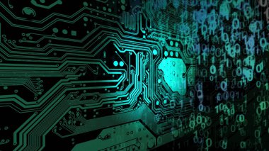 Soyut teknolojik altyapı. Web geliştirici. Bilgisayar kodu. Programlama. Kodlama. Hacker kavramı. Yeşil neon ikili rakamları 0 ve 1 üstten yukarıdan aşağıya doğru üstünde belgili tanımlık etraf-devre kartı dönüm düşmek.