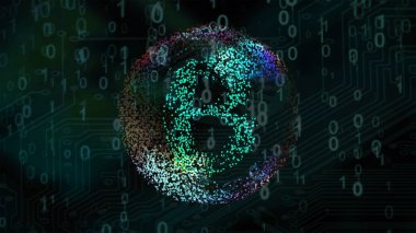 bitcoin ile SOAP bubble patlama işaret içinde bir ikili şifre ve devre kartı arka plan paralar.