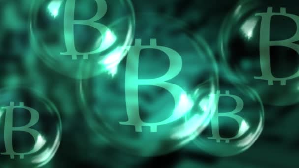 Bitcoins Såpbubbla Som Spricker Blured Moderkort Bakgrund Instabila Bitcoin Koncept — Stockvideo