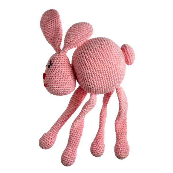 Amigurumi Malha Coelho Rosa Brinquedo Isolado Fundo Branco — Fotografia de Stock