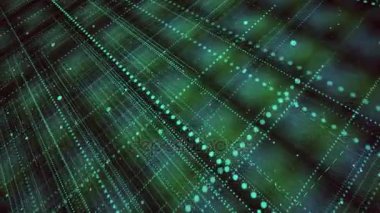 Çizgiler, noktalar ve parçacıklar, 3d soyut yeşil teknolojik arka plan render animasyon, yan görünüm.