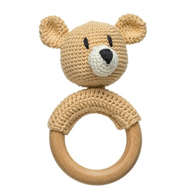 Amigurumi tığ işi ayı yürümeye başlayan çocuk oyuncak Daire Ahşap Saplı beyaz arka plan üzerinde izole