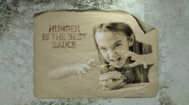 eski kağıt bir çimento Duvar Askı hamburger ve yazıt ile bir kız portresi ile en iyi sos reklamdır. taklit kamera sarsıntısını ve ışığı yanıp söner.