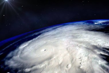 Dünya gezegeni üzerinde kasırga tayfun uzaydan görüldü. Görüntü unsurları Nasa tarafından döşenmiştir.