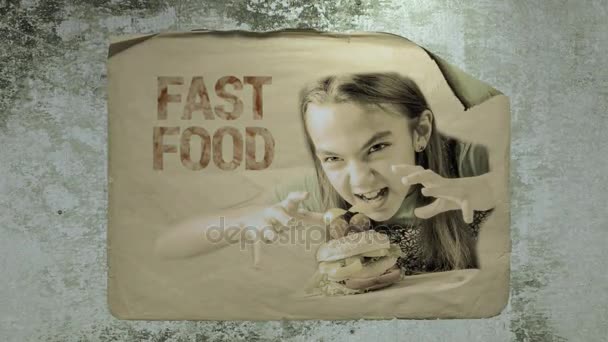 Old paper ad on a cement wall with a portrait of the girl with the crooked fingers throws herself on the hamburger. inscription fast food.  Imitation of camera shake and light flashes — Stock Video