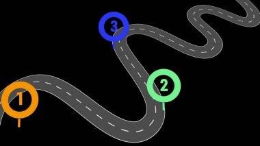 Siyah arka plan üzerine izole dolambaçlı yol. Yol yol üç konum Infographic şablonu ile iğne işaretçisi ve numaralarını 1,2,3. Kopya alanı olduğunuz metnin yanında işaretçiler için.