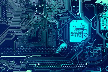 Bilgisayar anakartının mavi devre kartı arka planı