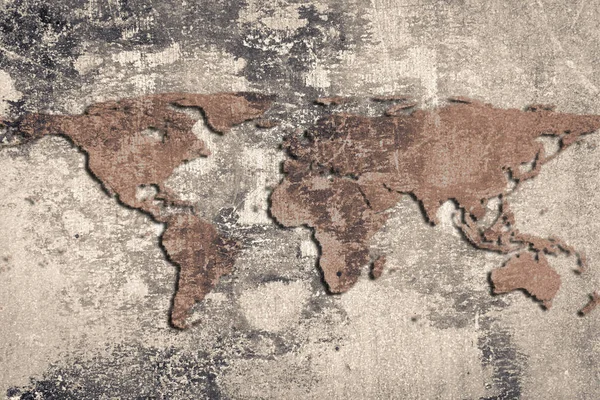 Карта мира на треснутом фоне каменной стены, гранж стиль — стоковое фото