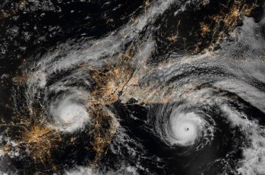 Kasırga gece kuzeydoğu Amerika Birleşik Devletleri üzerinden. New York City ve Newark, New Jersey. Long Island. Havadan görünümü. Nasa tarafından döşenmiş bu görüntü unsurları.