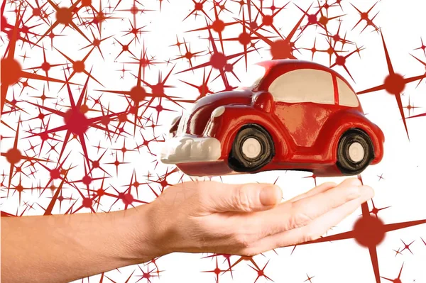 Red Toy Car Model Woman Hand White Background Red Stars — Stock Photo, Image