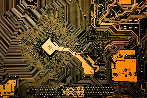 Close Printed Golden Yellow Computer Circuit Board — Stock Photo, Image