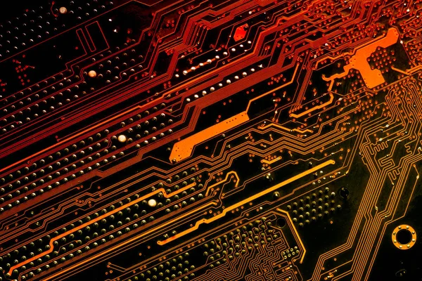 Close Printed Diagonal Red Yellow Computer Circuit Board — Stock Photo, Image