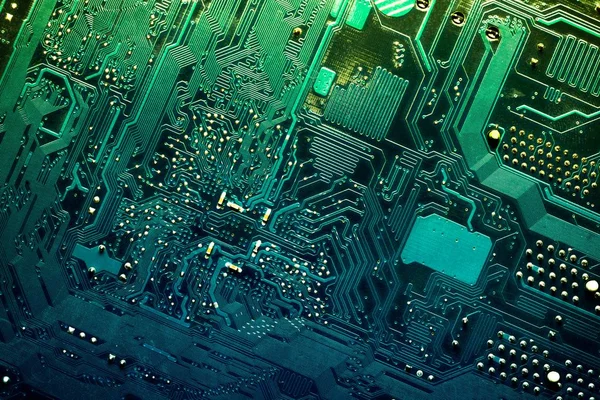 Close Printed Green Blue Diagonal Gradient Computer Circuit Board — Stock Photo, Image