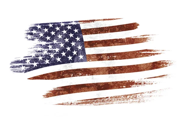 白い背景で隔離の風に吹かれアメリカ国旗のアート ブラシ水彩画 — ストック写真
