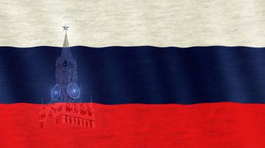 Portre Rus bayrağı rüzgarda üfleme. İşçinin şehir silueti vasıl belgili tanımlık yan. Rusya'nın sembolü.