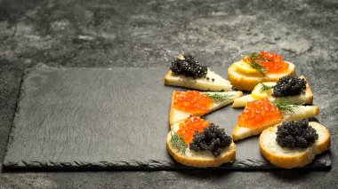 sandwiges kırmızı somon havyar ve siyah bir tabloda, yan görünüm kopya alanı ile siyah bir taş tahtada siyah stugeon havyar ile.