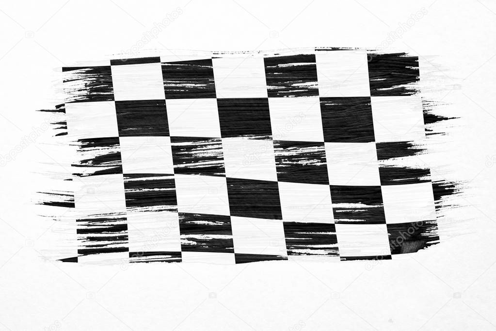 Closeup of art brush watercolor painting checkered black and white racing flag blown in the wind isolated on white.