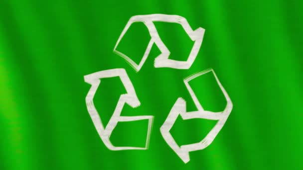 白い絵画アート ブラシ水彩のクローズ アップ リサイクル シンボル マークやリサイクル緑色の旗が風に吹き飛ばさの矢印 — ストック動画
