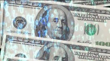 ikili kod arka plan, kripto para birimi ve internet teknoloji bankacılık kavramı arasında ABD yüz doları banknot. Fintech veya dijital para kavramsal video.
