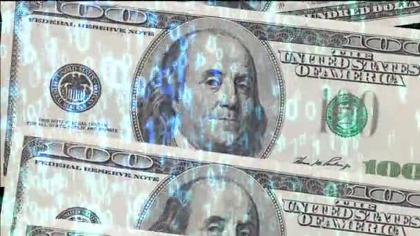 Usa Hundert Dollar Banknoten Zwischen Binären Code Hintergrund Kryptowährung Und — Stockvideo