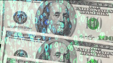 ikili kod arka plan, kripto para birimi ve internet teknoloji bankacılık kavramı arasında ABD yüz doları banknot. Fintech veya dijital para.