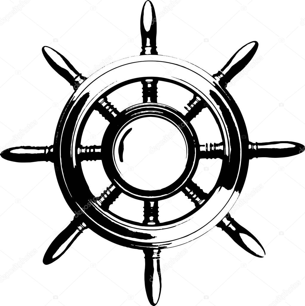 Vintage marine steering wheel black and white isolated engrave eps 10 vector illustration