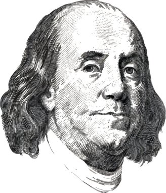 100 Doları bill yüz üzerinde göründüğü kadar ABD devlet adamı, mucit ve diplomat Benjamin Franklin portre beyaz arka plan üzerinde izole. Yaka tarafından izole. ESP 10 vektör çizim,
