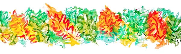 刷冲程橡木叶子框架 长边框的水彩水彩画色漆刷染色与树叶 Silhoettes 隔离在白色背景作为一个元素为您的秋季装饰 — 图库照片