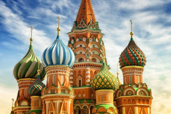 St. Basil Cathedral, Red Square, Moscow, close up view on cupola at the sunny day