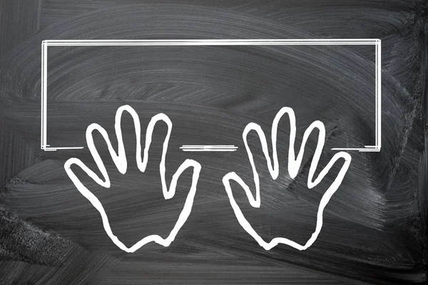 Hands on computer keyboard flat design. Silhouette chalk drawings on a blackboard. Copy space for your text inside the frame of keyboard.