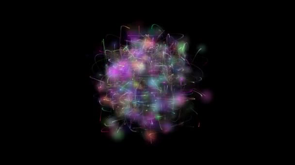 Koyu arkaplanda parlak dairesel model. Parlayan enerji topları. Molekül yapısı. Atomların ve elektronların izini sür. Fizik konsepti. Mikroskobik formlar. Süpernova — Stok video