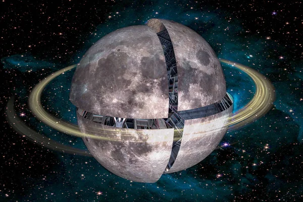 Окремі Частини Місяця Технологічними Щілинами Кільцем Космосі Концепція Позаземного Штучного — стокове фото
