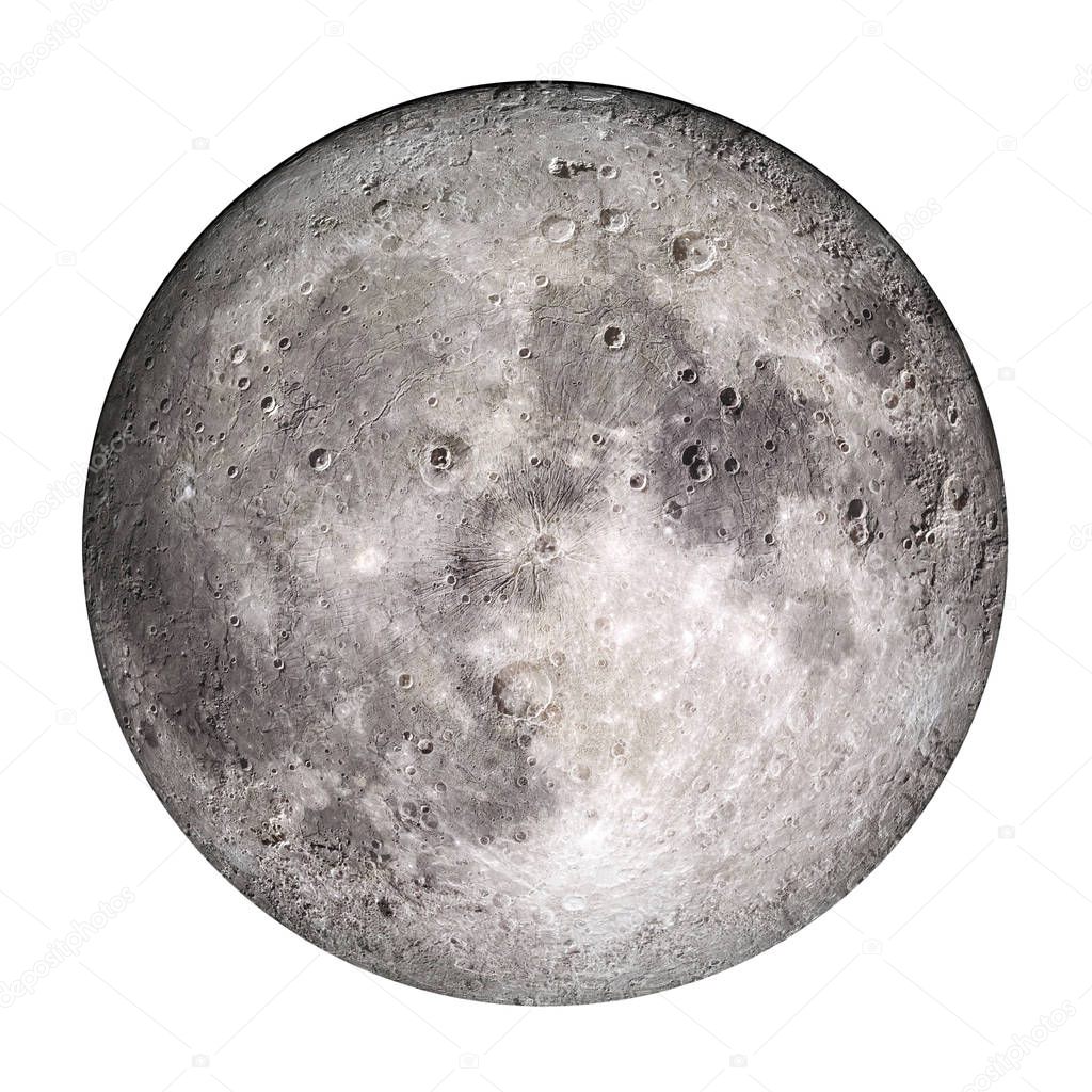 Moon with volumetric convex craters isolated on white background, collage. Elements of this image furnished by NASA.