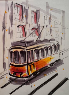 Elle çizilmiş bir tramvay çizimi..