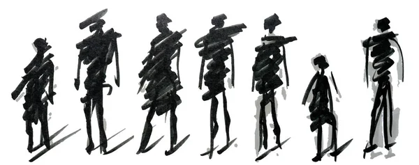 Set Pedestrians Figure Different Poses Hand Drawn Marker Sketch Template — Stok Vektör