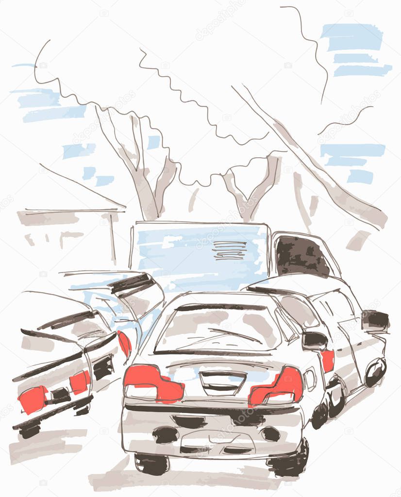 Cars in the street hand drawn marker sketch eps10 vector illustraion.