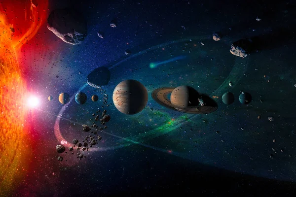 Planetas del sistema solar en fila, lluvia de asteroides, cometa, sol, polvo y estrella. Anillo luminoso gigante. Formación científica y educativa. Elementos de esta imagen proporcionados por la NASA . —  Fotos de Stock
