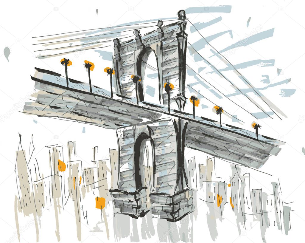 Brooklin brige, NYC, USA. Hand drawn marker sketch eps10 vector illustration.