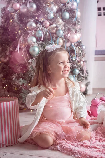 Cute Child Girl Three Years Old Sits Christmas Tree Bokeh Royalty Free Stock Images
