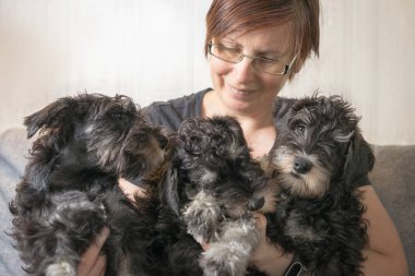 Köpek yetiştiricisi evcil hayvanlarıyla kanepede oturur ve portreyi kapatır..