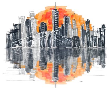 New York şehir merkezinden ünlü Skyline, Brooklin Köprüsü ve Manhattan sabahın erken saatlerinde, New York City, ABD. El çizimi işaretleyici çizimi eps10 vektör illüstrasyonu beyaz üzerine izole.