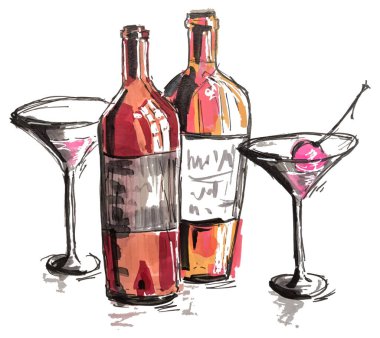 Böğürtlen ve şişeli vişneli alkol kokteyli, el yapımı işaret çizimi, beyaz üzerine izole edilmiş eps10 vektör illüstrasyonu..