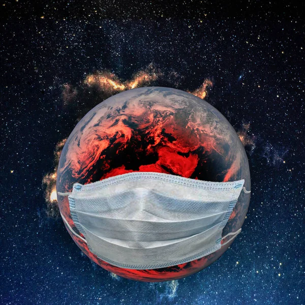 Planet Earth is sick with a virus, red with a medical mask on its face.  Elements of this image furnished by NASA.