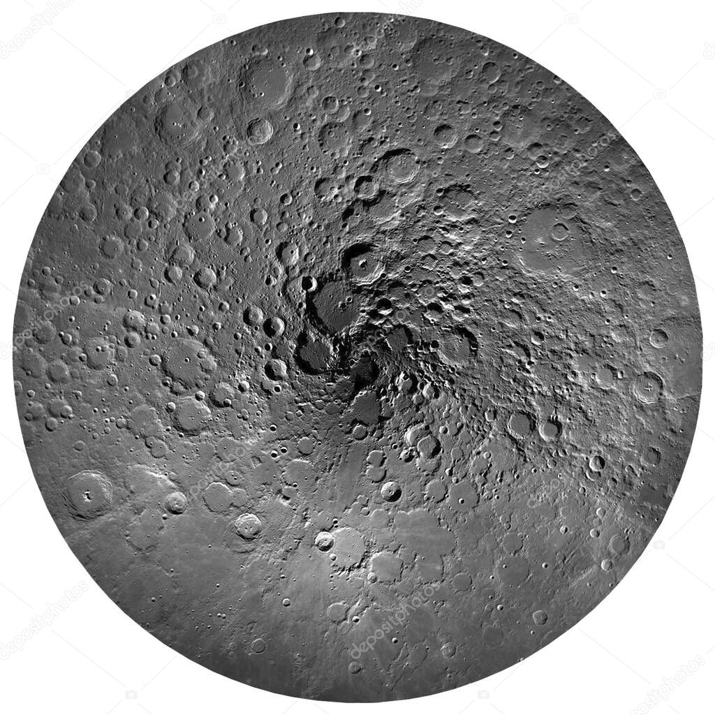 Full moon view to the moon's north pole, isolated on white background. Elements of this image furnished by NASA.