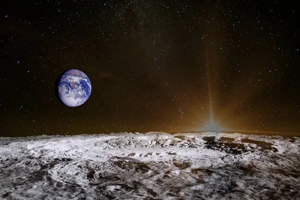 Схід Сонця Над Поверхнею Місяця Блакитна Земля Космосі Місяць Астрономічне — стокове фото