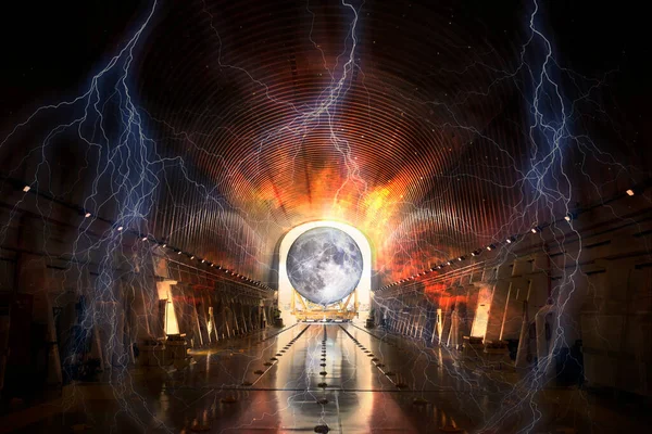 Теорія Штучного Походження Місяця Супутник Вводиться Гігантський Футуристичний Інопланетний Тунель — стокове фото