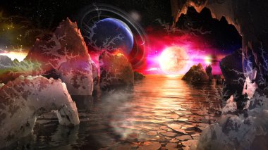 Tuhaf dağları, uyduları ve gökyüzünde gezegenleri olan yabancı gezegen manzarası. Bu görüntünün elementleri NASA tarafından desteklenmektedir.
