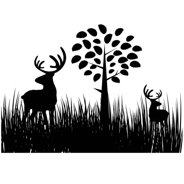 Deer with deer grazing in the forest - black and white silhouette Stock ...